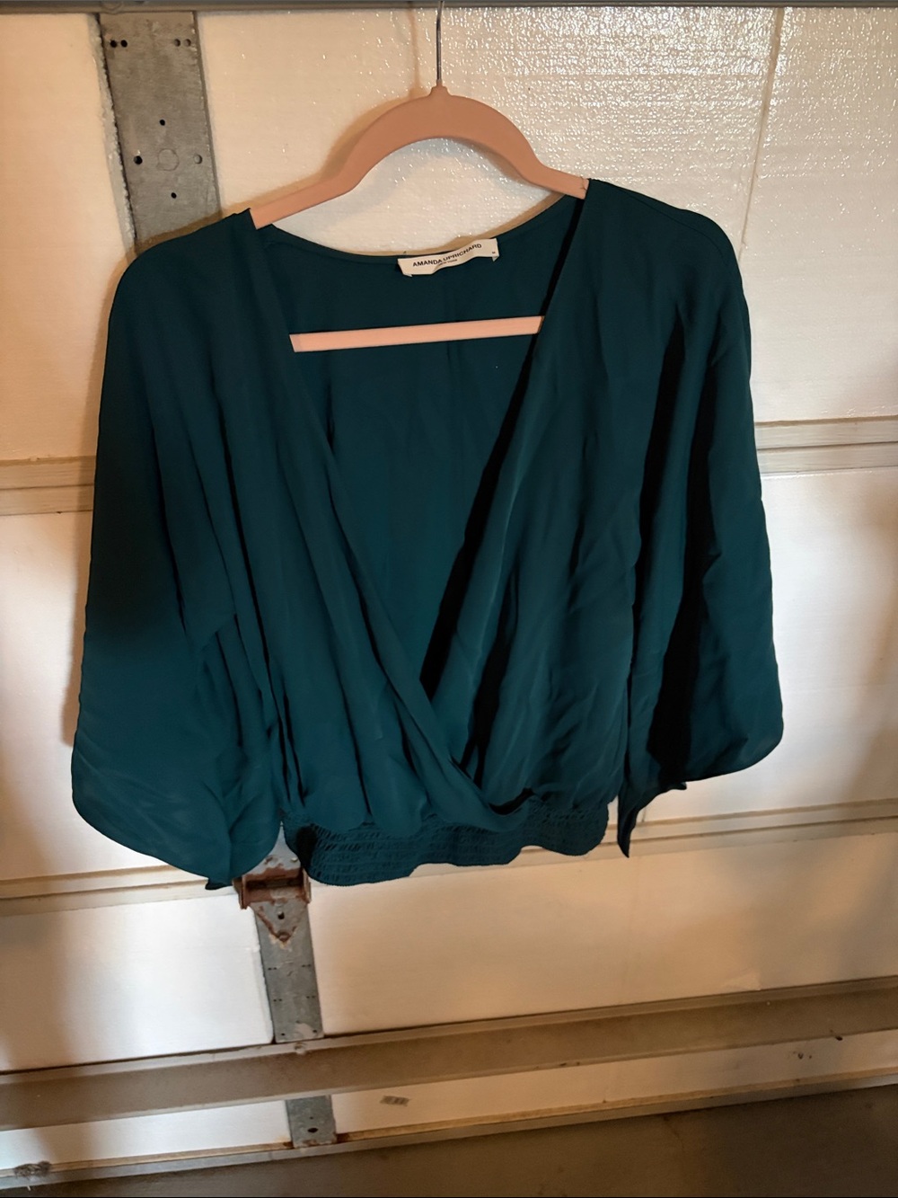 amanda uprichards Teal Wrap Blouse with Blouson Sleeves